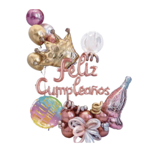 Set de arreglo con forma feliz cumpleaños corona y botella cheers