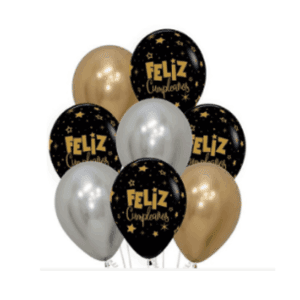 Bolsa de 8 globos SURTIDOS FELIZ CUMPLEAÑOS Negro, oro, plata