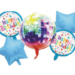 Set de 5 globos bola disco y estrellas happy birthday