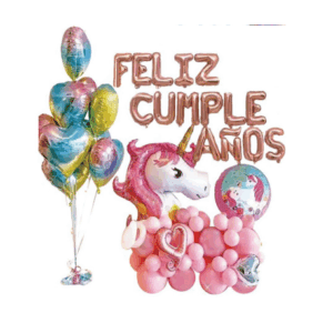 Set de arreglo con forma feliz cumpleaños unicornios y corazón